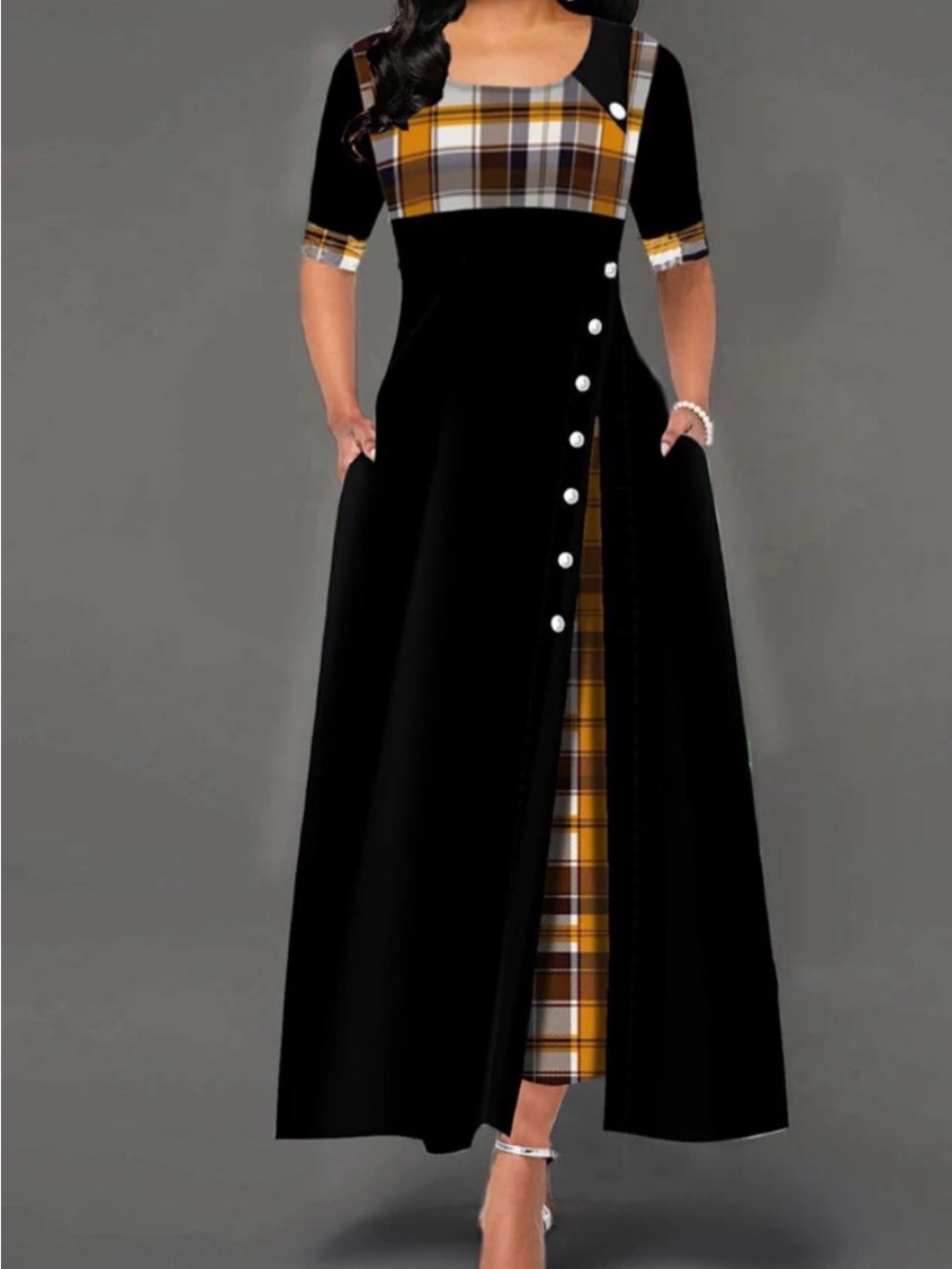 P0030. Maxi Dress with Mustard Plaid Panel